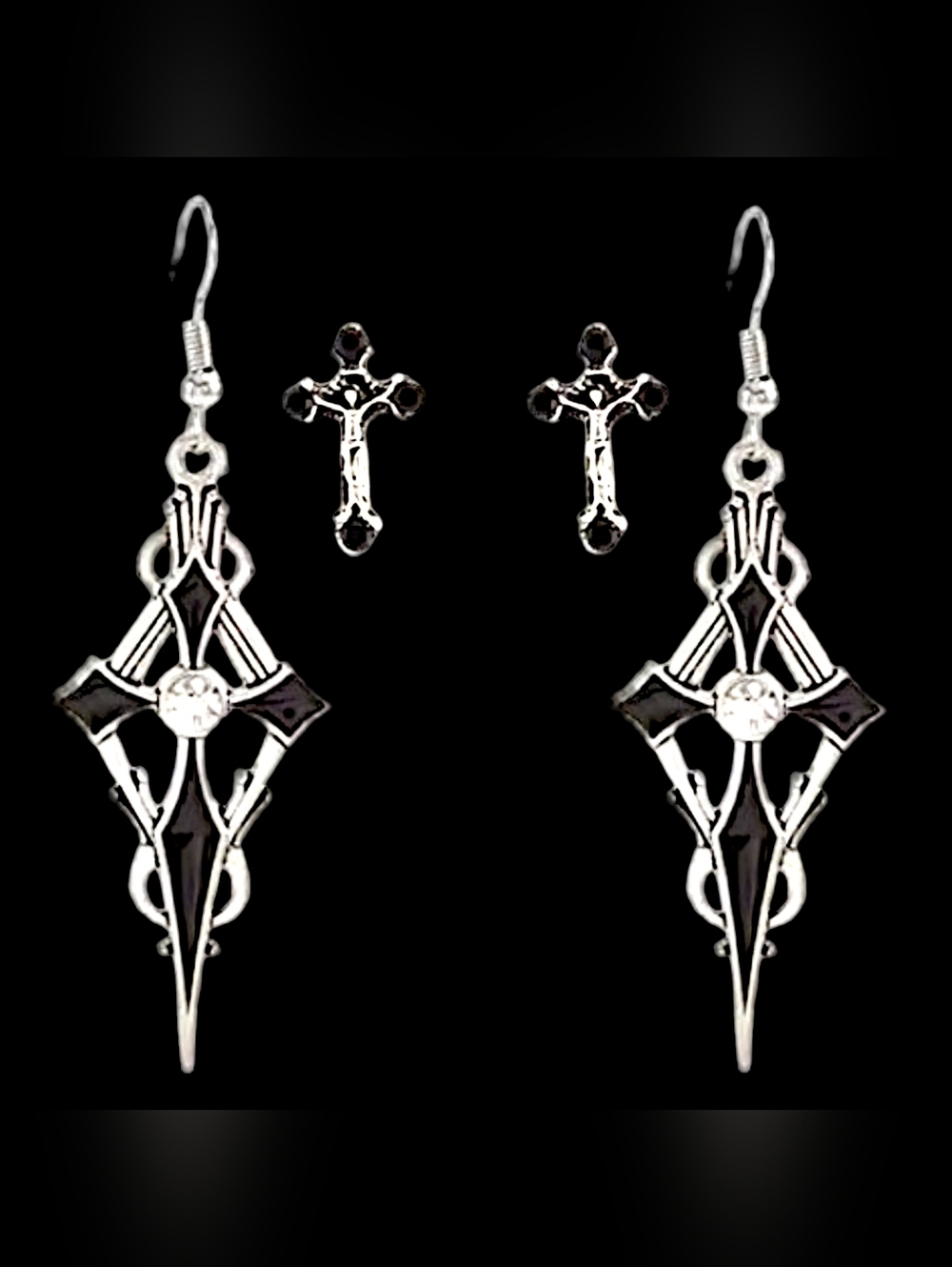 NWT 2 Pairs of Silver and Black Cross Earring with CZ Gemstones